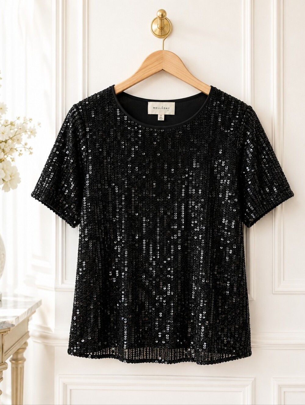 Melloday | Black Sequin Blouse Short Sleeve Elegant Sparkle Party Top | Size: L - Picture 5 of 10